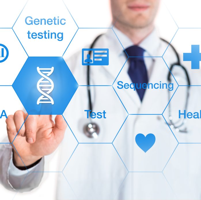 Genetic testing concept with DNA icon and words on a screen and a medical doctor touching a button, isolated on white background